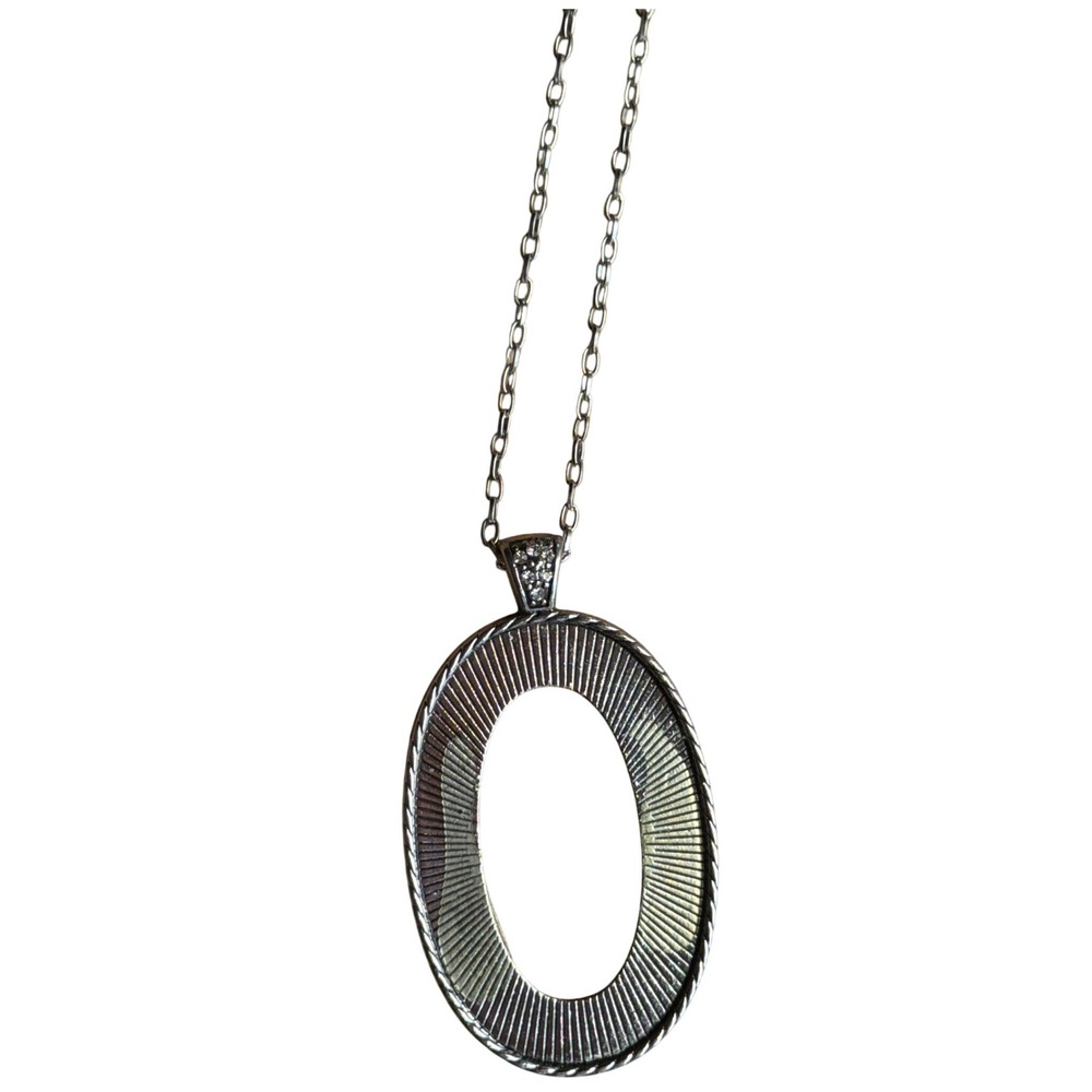 Silver Tone Sunburst Oval Pendant Long Chain Necklace Crystal Bail Layering